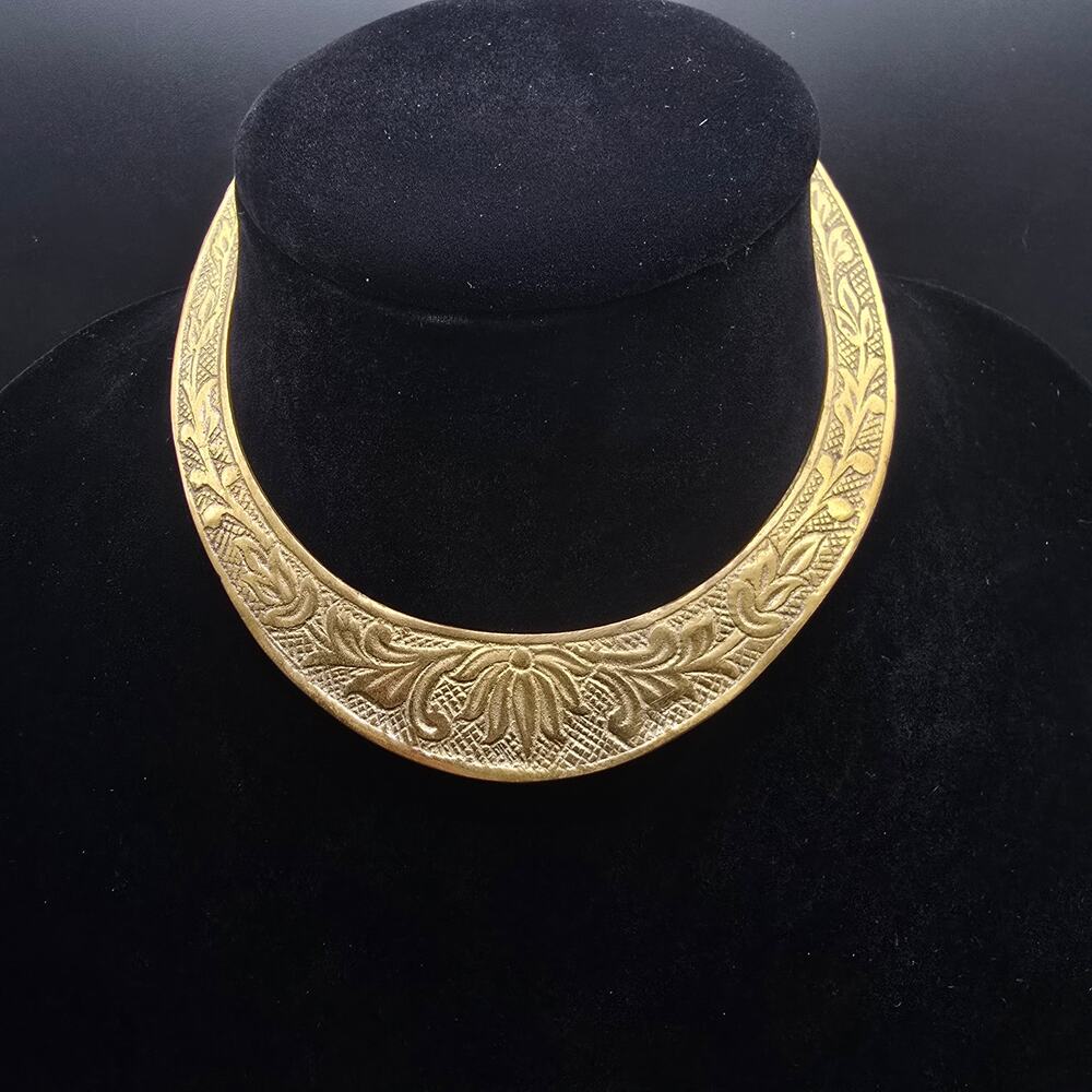 Embossed Brass Torque Collar Necklace Vintage Tribal Costume Jewelry